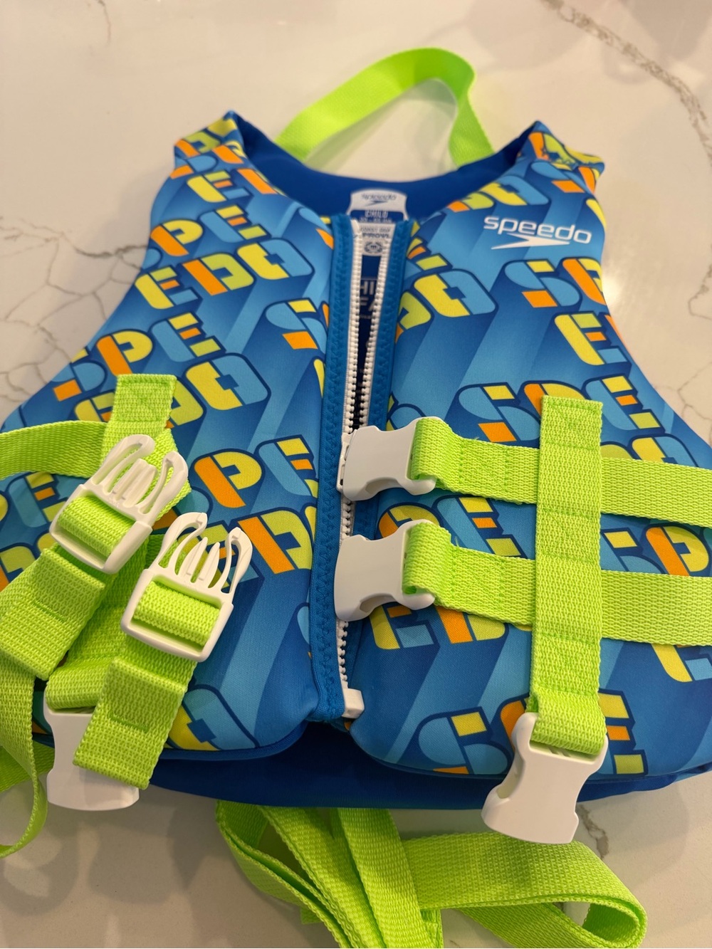 Speedo Kids Blue Life Jacket Swim Vest with Neon Green Straps